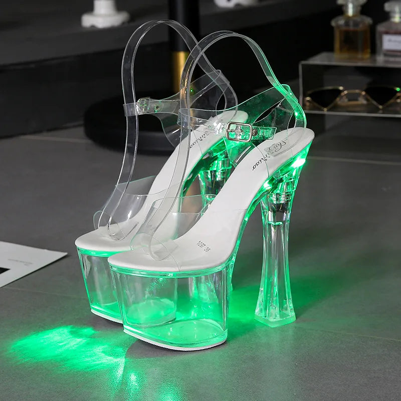 Women's Light Up Heels Platform Sandals, Flashing LED High Heels for Night Club Party, Stripper Dance Shoes Crystal Clear Sole