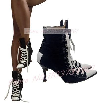Splicing Pointed Toe Stiletto Boots Women Black Denim Lace-up High Heels Sneakers Female Sexy Fashion Ankle Boots