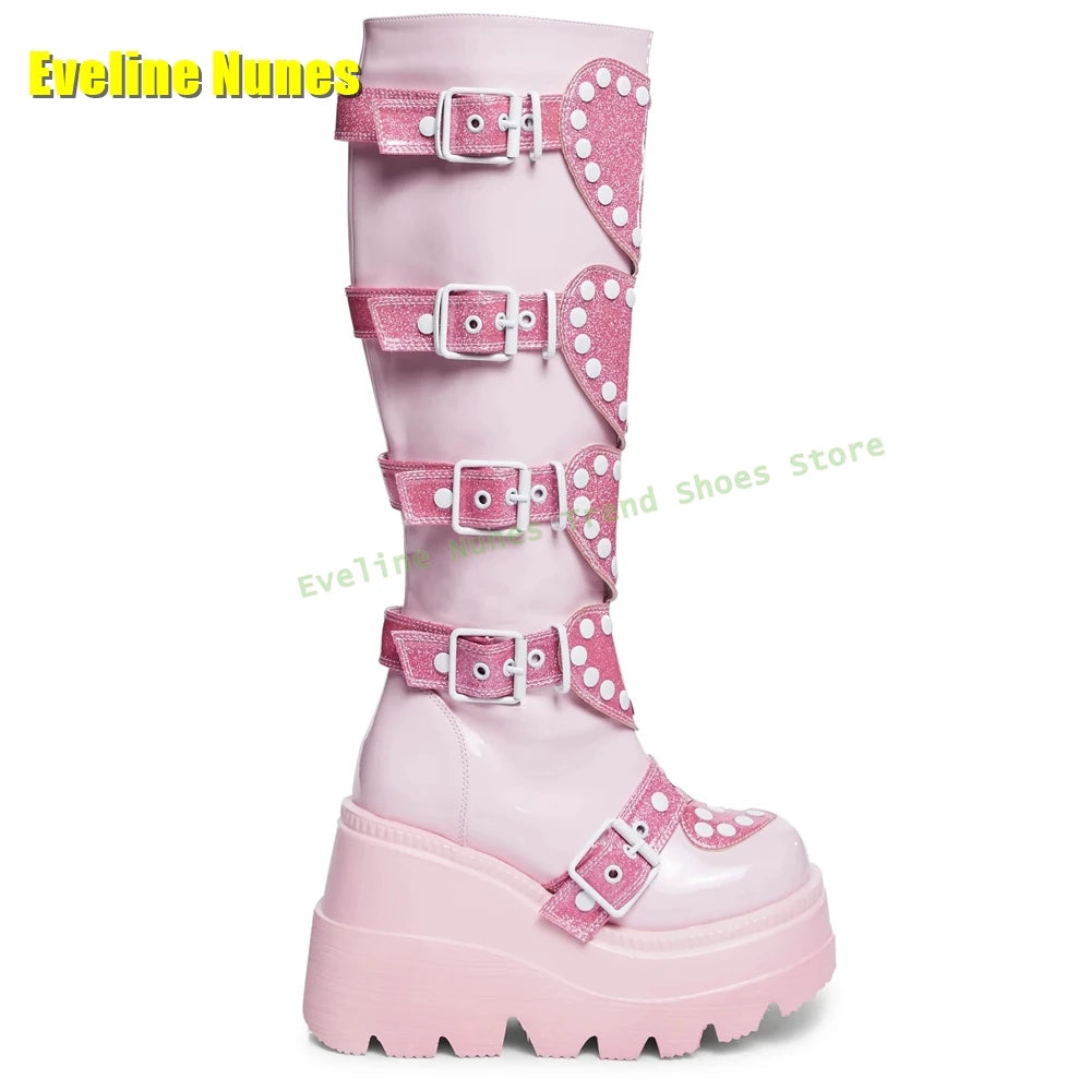 Heart Platform Wedge Knee High Boots Pink Round Toe Thick Sole Belt Buckle Women Y2K Sweet Cool Fashion Shoes Street Style 2025