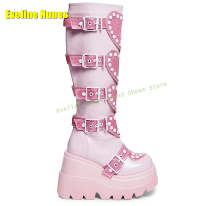 Heart Platform Wedge Knee High Boots Pink Round Toe Thick Sole Belt Buckle Women Y2K Sweet Cool Fashion Shoes Street Style 2025