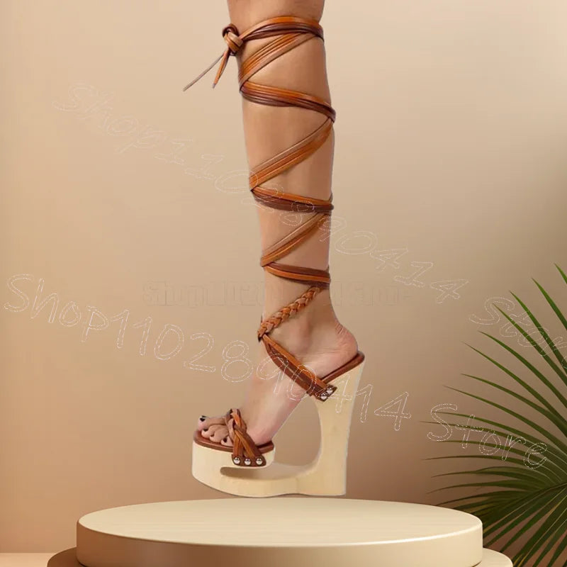 Black Knitted Strap Wooden Strange Style Heels Sandals Lace Up Women Shoes Open Toe New Party Banquet 2026 Zapatos Para Mujere