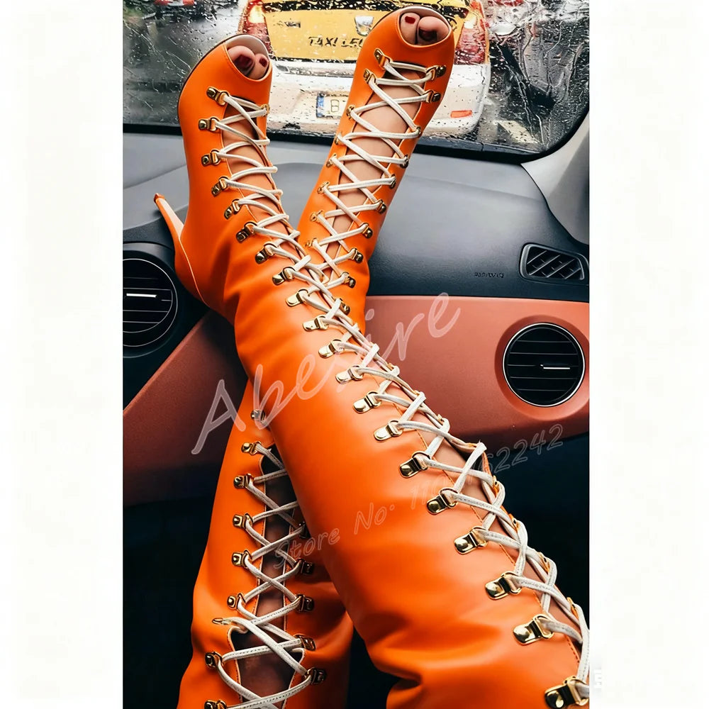 Women'S White Hollow Open Toe Sandals Boots Stiletto Cross Strap Wedding Over-The-Knee Boots Elegant Party Dress High Heels 46
