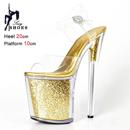 20CM/8inche Exotic Stripper High Heel Sandals Transparent Upper Glitter Stiletto Heels Pole Dancing Women Shoes Sequin Platform