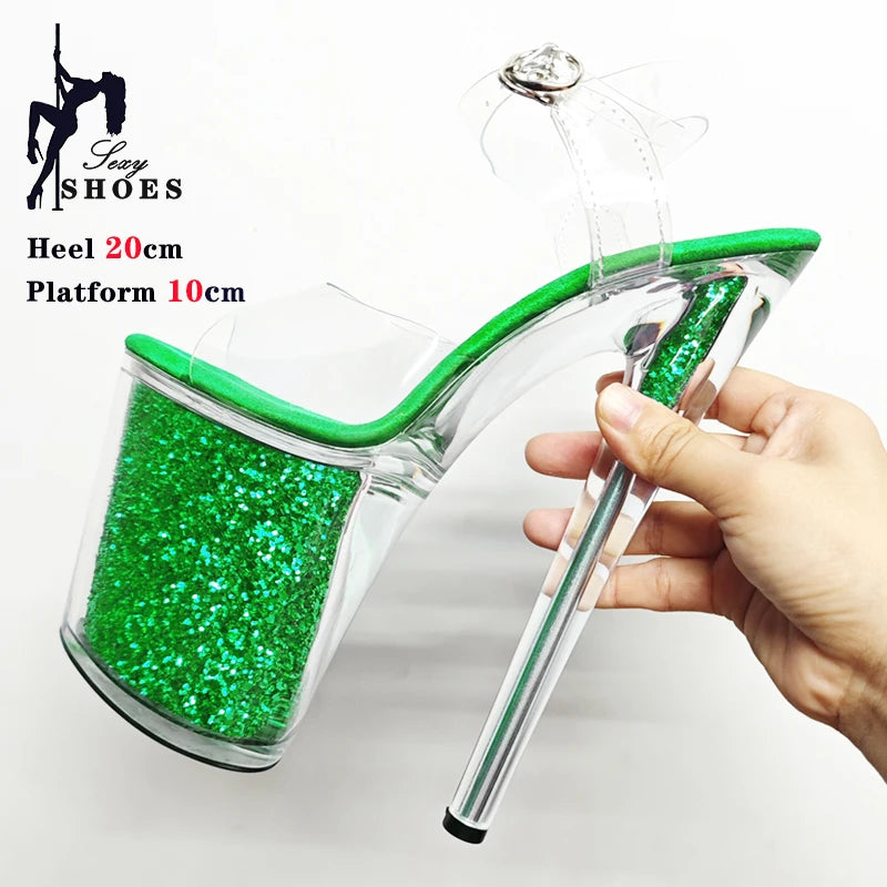 20CM/8inche Exotic Stripper High Heel Sandals Transparent Upper Glitter Stiletto Heels Pole Dancing Women Shoes Sequin Platform