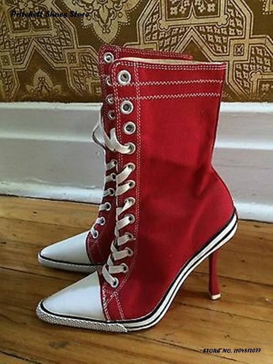 Women's Sports Style Sneaker Booties Spring Autumn Trending Street Style Shoes Pointed Toe Thin High Heels Lace-up Ankle Boots