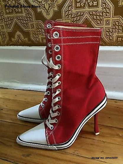 Women's Sports Style Sneaker Booties Spring Autumn Trending Street Style Shoes Pointed Toe Thin High Heels Lace-up Ankle Boots