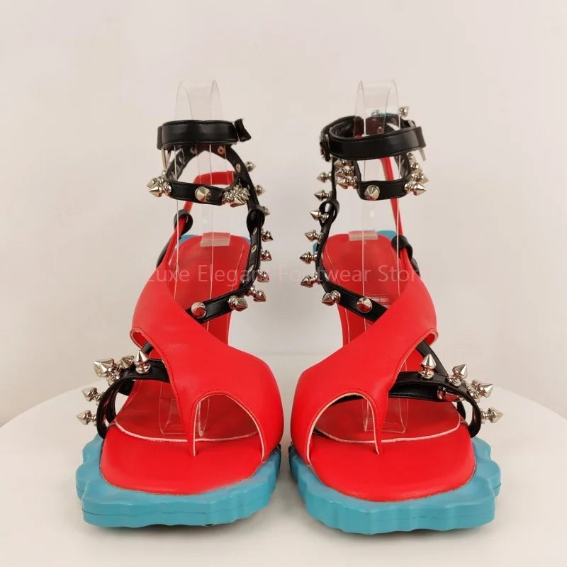 Patchwork Rivets Flower Sole Stiletto Sandals Women Open Toe Buckle Strap High Heels Fashion Trendy Party Catwalk Ladies Shoes