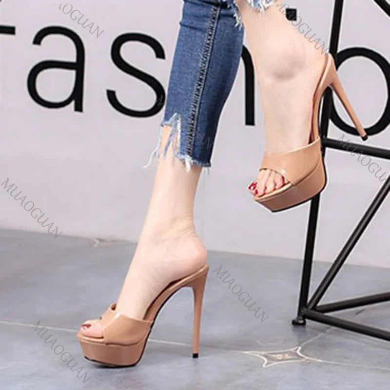 Women 12CM High Heels Outdoor Shallow Mouth Sandals 2025 New Summer Thick Platform Slippers Simple Style Slide Shoes For Woman