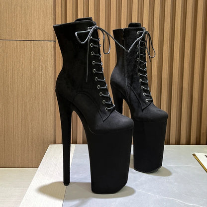 2025 Women Sexy Fashion Ankle Boots 26cm Super High Thin Heel Round Toe Lace Up Flannel Pole Dance Boots Catwalk Stage Shoes