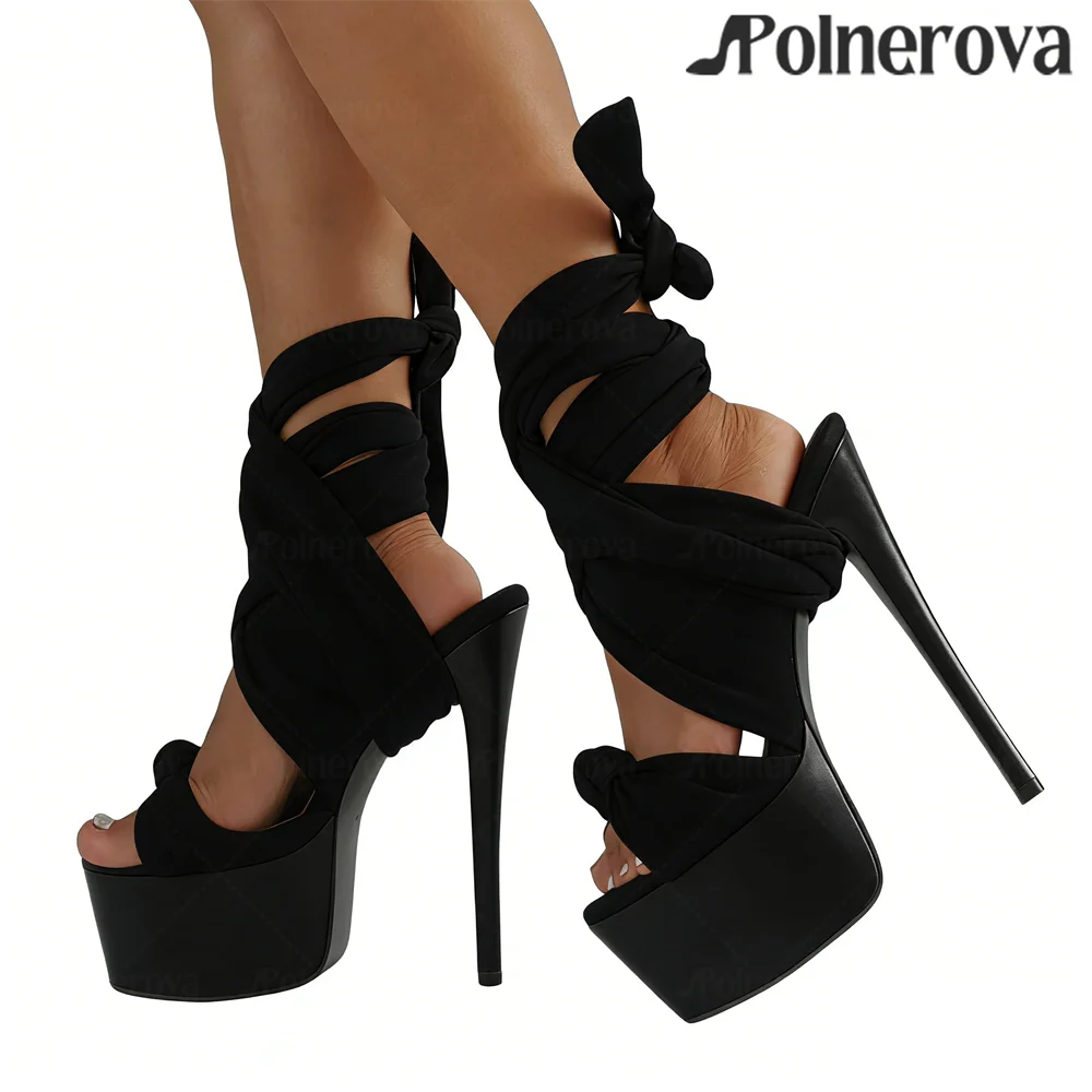 Suede Ankle Strap Sandals Stiletto Heel Platform Sandals Open Toe Super High Heels for Women Cross Strap Designer Summer Shoes