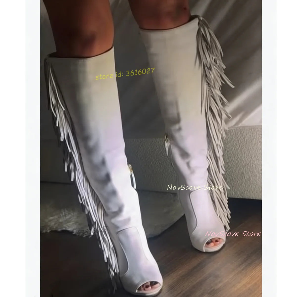 Peep Toe White Tassels Knee High Boots Side Zip Sewing Fringe Sexy Women Stiletto High Heels Long Booties Daily Shoes Party