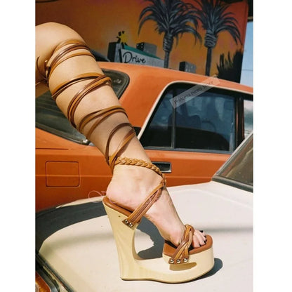 Weave Colorful Straps Sandals Platform Strange Style Lace Up Sandals Women Sexy Shoes Summer Designer Party Runway High Heels