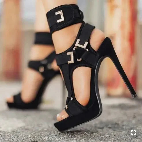 New Arrivals Red Black Stretch Fabric Women Sandals High Platform Metal Buckle Strap Ladies Shoes With Heels Gladiator Sandals