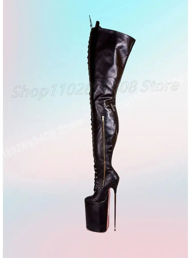 Pole Dance Cross Tied Platform Over the Knee Boots Metal Stiletto High Heel Side Zipper Retro Sexy Women Shoes 2025 Para Mujere