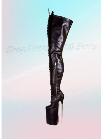 Pole Dance Cross Tied Platform Over the Knee Boots Metal Stiletto High Heel Side Zipper Retro Sexy Women Shoes 2025 Para Mujere