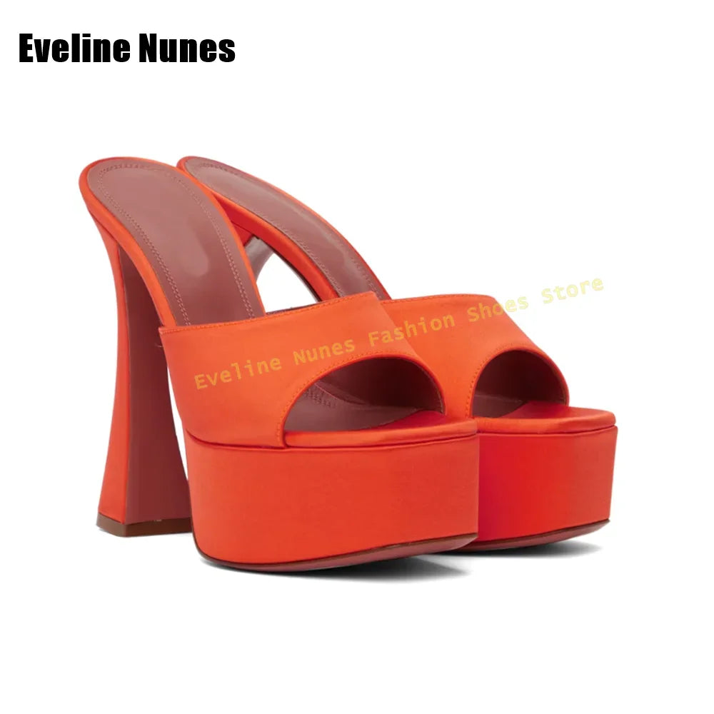 Peep Toe Platform Green Sandals 2025 Summer Square Toe Block Heels Satin Shallow Slip On Women Sexy Slippers Runway Show Shoes