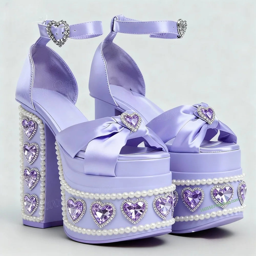 Pink Crystal Heart Decor Platform Pumps Pearl Decor Chunky Heel Round Toe High Shoes for Women Heels Shoes Zapatos Para Mujere