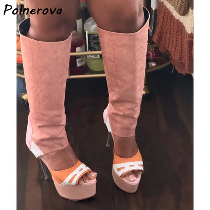 Platform Peep Toe Sandals Boots Patchwork Leather Hollow Fashion Thin Heels Summer Shoes Women's Sexy Mixed Color Shoes 2025