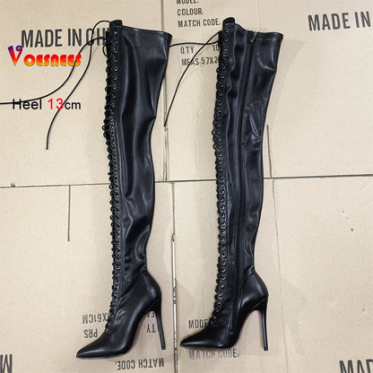 Sexy Dance Shoes 13cm Thin Heels Lady Sexy Black Over Knee Long Boots T Show Pointy Toe Club Thigh High Party Shoes For Women