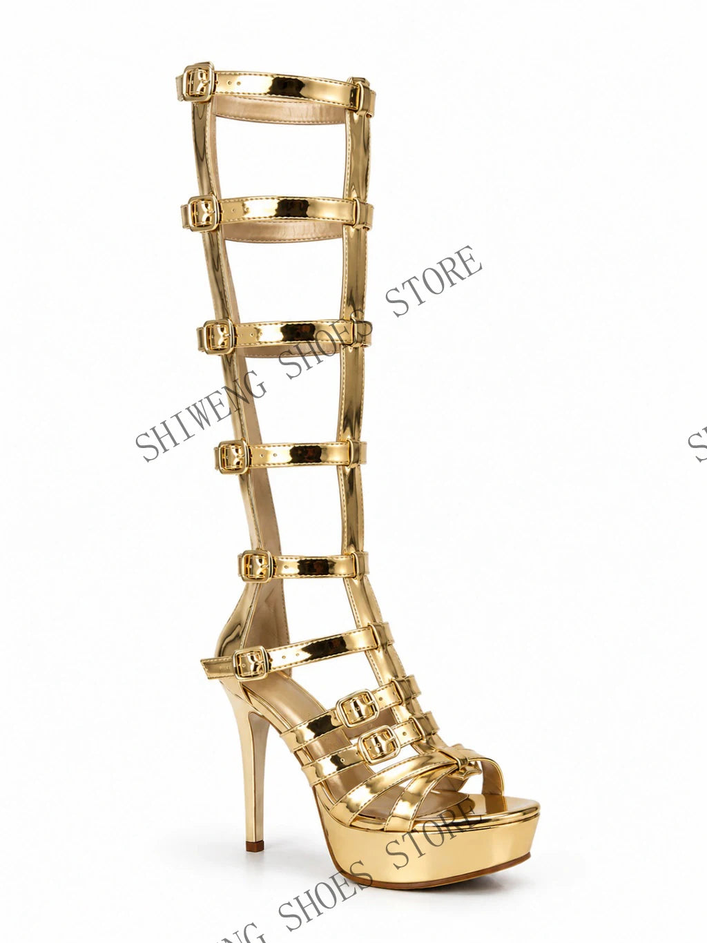 2026 Summer Metallic Gold Thigh High Heels Gladiator Wrap Strap Design Ultra High Stiletto Platform Shiny Party Sandals 44