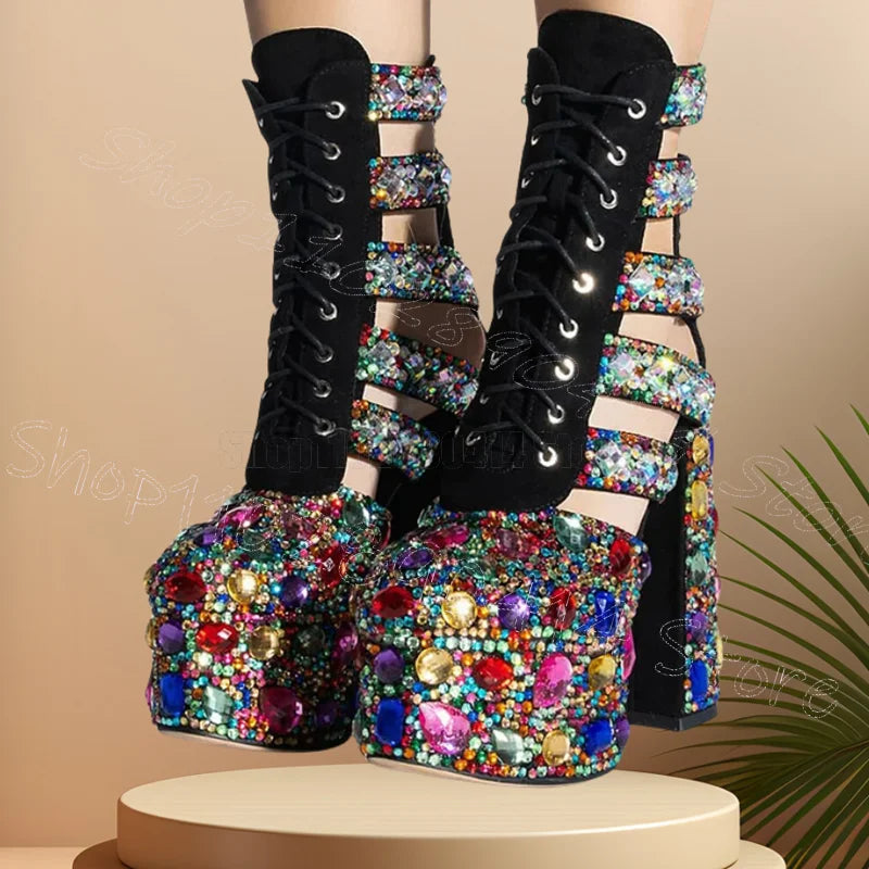 Colorful Crystal Hollow Design Strappy Platform Boots Back Zipper Women Shoes Chunky High Heels Banquet 2026 Zapatos Para Mujere