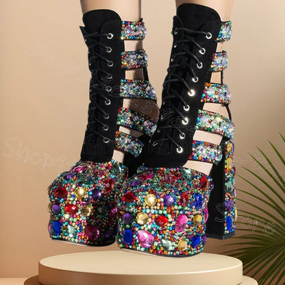 Colorful Crystal Hollow Design Strappy Platform Boots Back Zipper Women Shoes Chunky High Heels Banquet 2026 Zapatos Para Mujere
