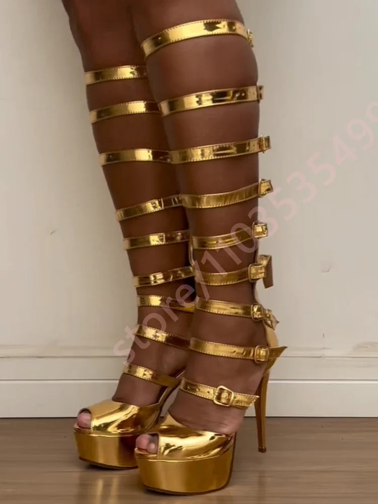 Metallic Gold Thigh High Heels Gladiator Wrap Strap Design Ultra High Stiletto Platform Shiny Party Runway Sandals for Women