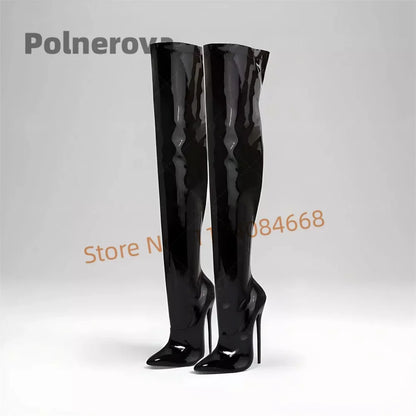 16Cm Patent Leather Long Boots Women Black Pointed Toe Stiletto Sexy Winter Over The Knee Boots Stylish Women's Large Size Shoes