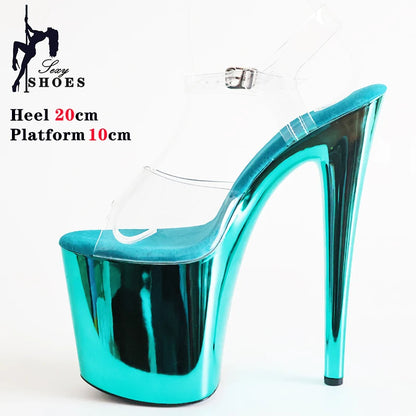 Purple 20cm/8 inch High Heel Sandals Transparent upper Electroplated Stiletto Heels Pole Dancing Sandals for Women Shoes Party