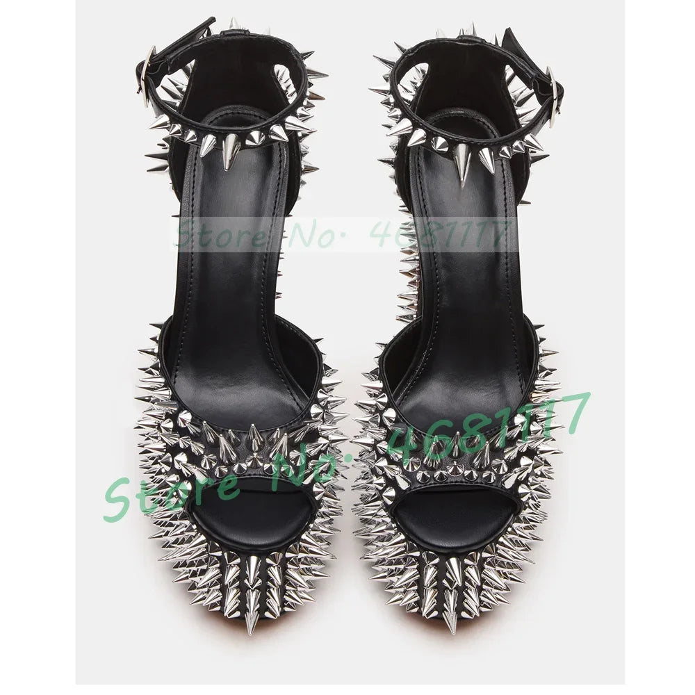 Punk Black Platform Silver Studded Sandals Women Sexy Rivets Decor Moto Block Heel Shoes Ladies Party Ankle Strap Bling Sandals