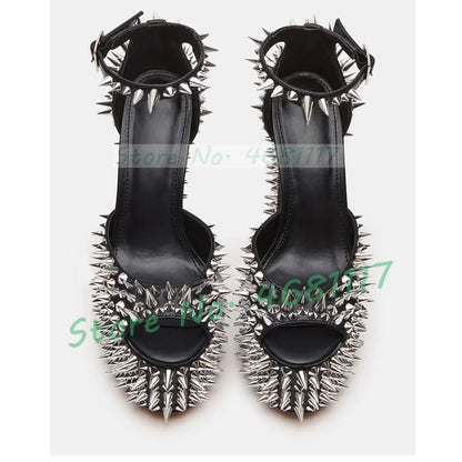Punk Black Platform Silver Studded Sandals Women Sexy Rivets Decor Moto Block Heel Shoes Ladies Party Ankle Strap Bling Sandals
