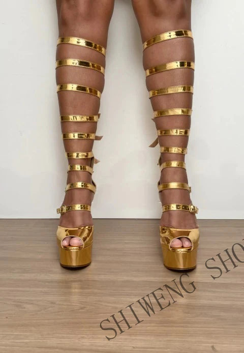 2026 Summer Metallic Gold Thigh High Heels Gladiator Wrap Strap Design Ultra High Stiletto Platform Shiny Party Sandals 44