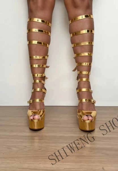 2026 Summer Metallic Gold Thigh High Heels Gladiator Wrap Strap Design Ultra High Stiletto Platform Shiny Party Sandals 44
