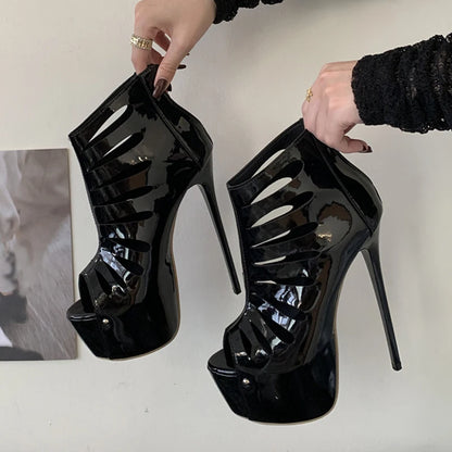 Liyke Black Women Sexy Peep Toe Party Stripper Pole Dance Shoes Fashion Zip Ankle Boots Super High Heels Platform Booties Female