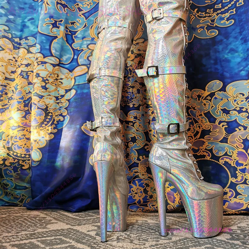 Silver Glossy Crocodile Patterned Glitter Thigh Boots 20cm 8 Inch Platform Women Pole Dance Buckle Zip Lace Up Bling Shiny Shoes
