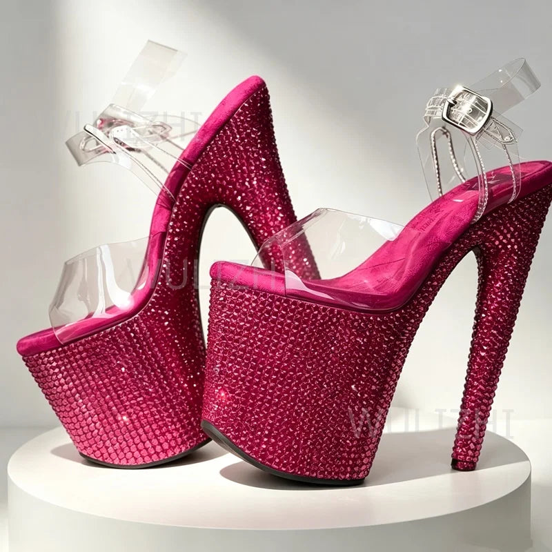 Rose Pink Crystal Diamond Sandals Sparkling Women Blue Jewel Green Yellow Custom Buckle Heels 17cm 7 Inch Open Pole Dancing Shoe