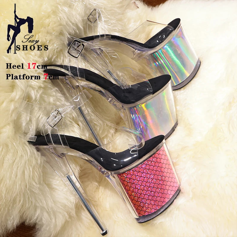 High-quality 17CM/7inches Women Sandals Stripper High Heel Shoes Transparent Platform Glitter Stiletto Pole Dance Shoes Wedding - Grande Heels