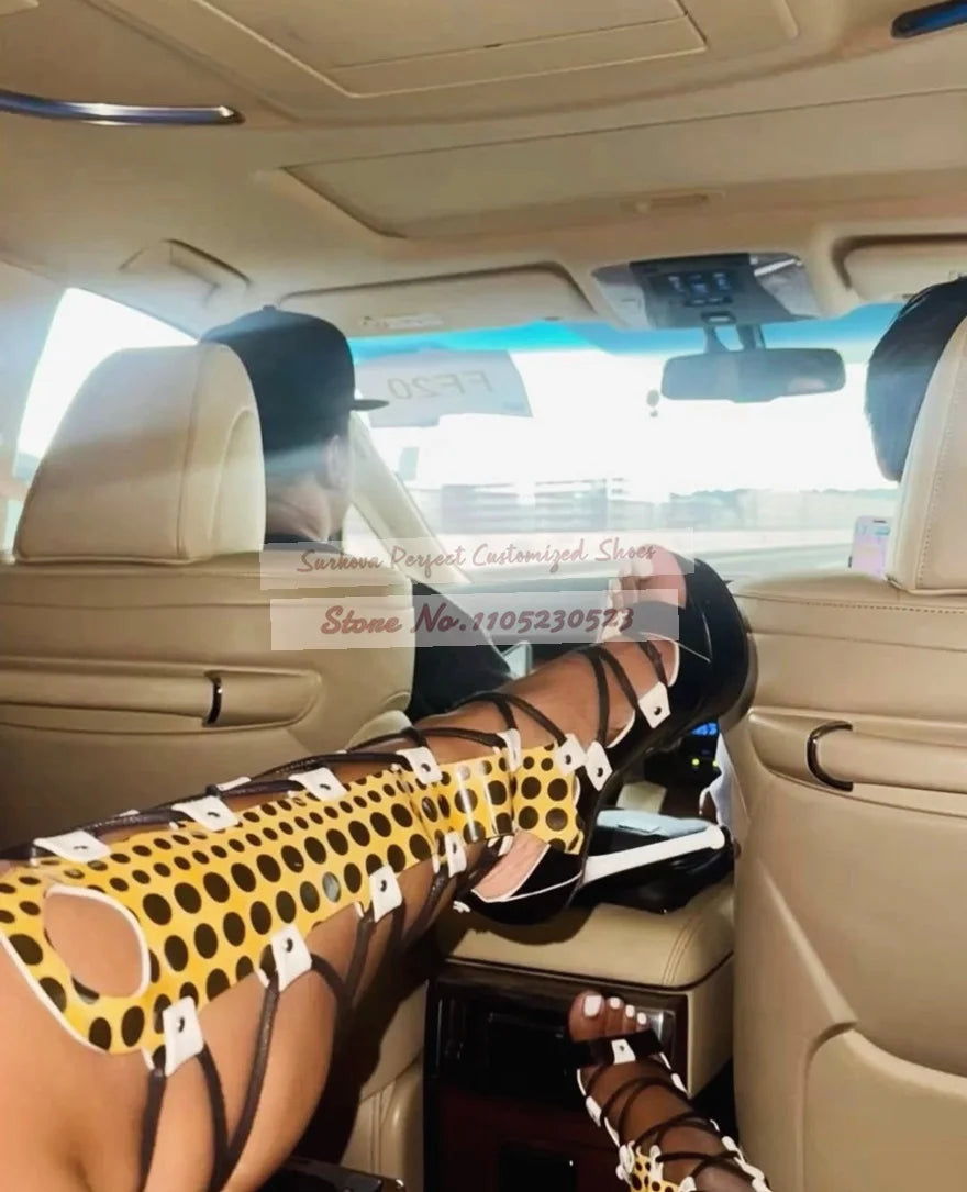 Yellow Stiletto Heel Lake Blue Long Sandal Boots Platform Hollow Out Cross Stied Checkered Summer Cool Boots Polka Dots Shoes