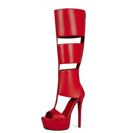 Super Platform Knee Sandal Boots Women Caged Thick T-Strap Gladiator Open Toe Back Zipper Summer Cutout Botas Lady Shoes