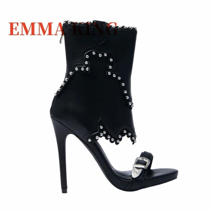 Cow Print Cowboy Style High Heel Sandals for Women Open Toe Stiletto Heels with Studded Western Ankle High Party Club Shoes