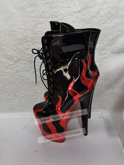 Sky High 20cm Stiletto Heels Pole Dancing Shoes Hologram Iridescent Red Fire Shaped Patchwork Ankle Boots Platform Lace-Up