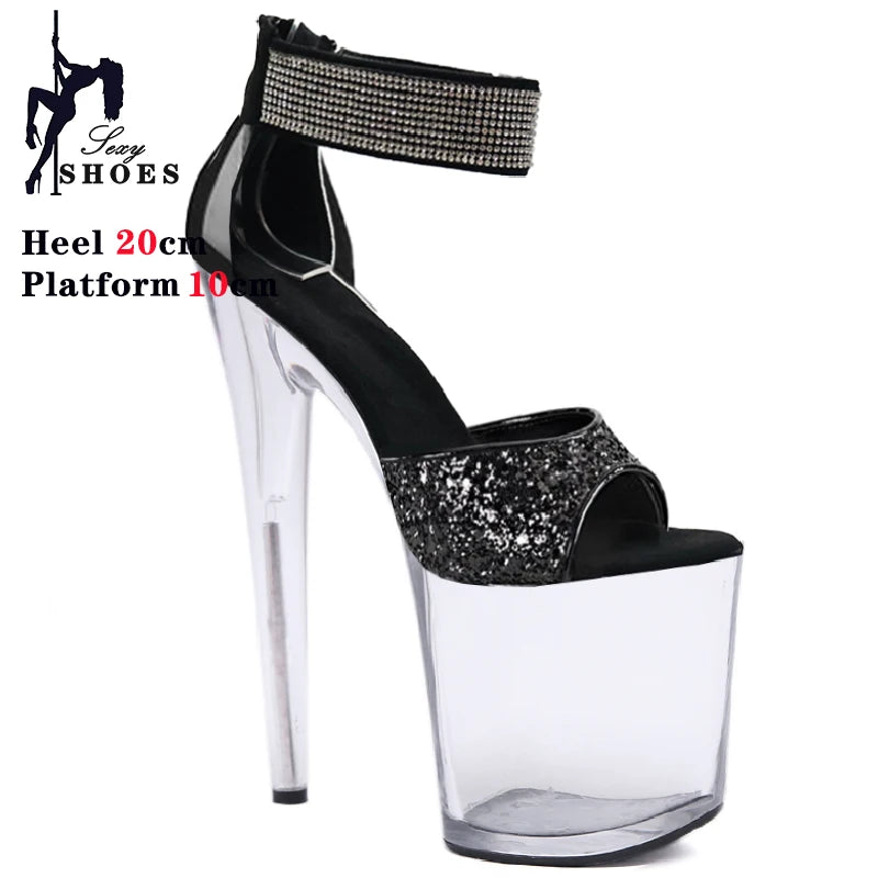 20cm/8inchs High-heeled Sandals Women's Summer Strap Thin Heel Black Sandals Stripper Pole Dance Dress Models Nightclub Shoes