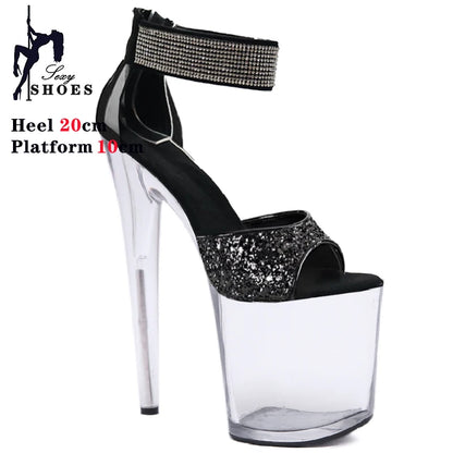 20cm/8inchs High-heeled Sandals Women's Summer Strap Thin Heel Black Sandals Stripper Pole Dance Dress Models Nightclub Shoes