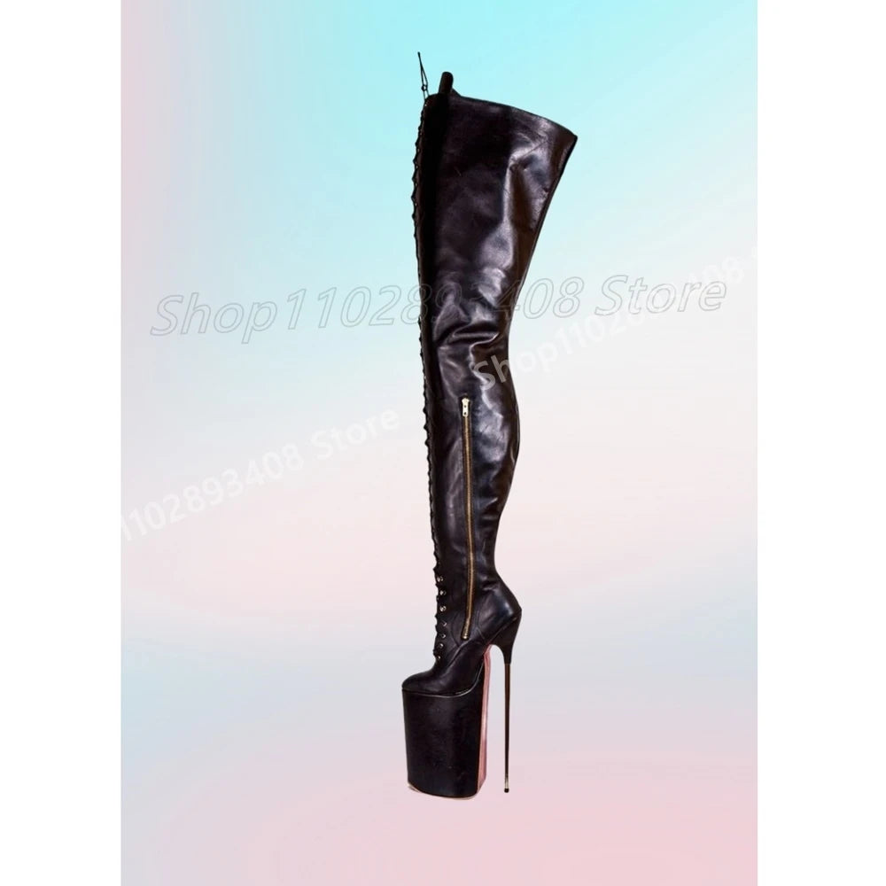 Pole Dance Cross Tied Platform Over the Knee Boots Metal Stiletto High Heel Side Zipper Retro Sexy Women Shoes 2025 Para Mujere