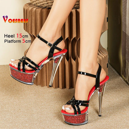 Plus Size 5CM Platform Summer Transparent Sandals 2025 Fashion Narrow-band 15CM Thin High Heel Womens Nightclub Pole Dance Shoes