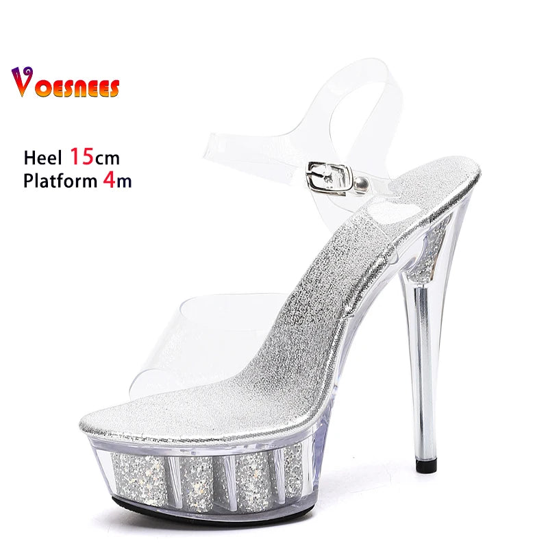 15CM Stiletto Stripper Pole Dance Shoes Glitters Platform Summer Transparent PVC Gladiator Sexy Sandals Women Crystal High Heels