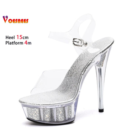 15CM Stiletto Stripper Pole Dance Shoes Glitters Platform Summer Transparent PVC Gladiator Sexy Sandals Women Crystal High Heels