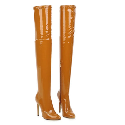 Sgesvier Plus Size 49 Thigh High Boots Women Sexy Patent Leather Stretch Shoes Women Zipper Dance Pole Jazz Slim Long Boots
