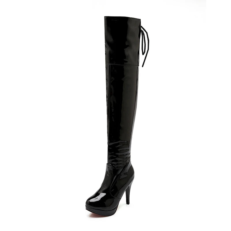 REAVE CAT 2021 Sexy Over The Knee Boots Patent Leather Velvet Round Toe Lace Up Platform 11cm Thin Heel US12 White Red A4348