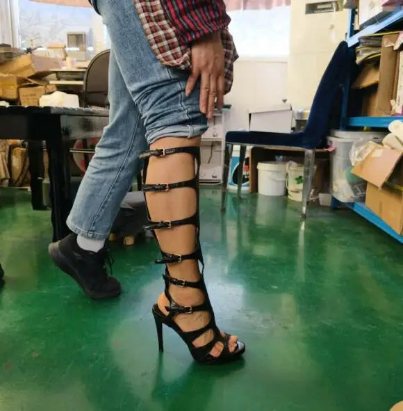 Sexy Black Snake Pattern Leather Hollow Straps Buckles Sandals Open Toe Stiletto Heels Knee High Sandals Boots Women Long Boots
